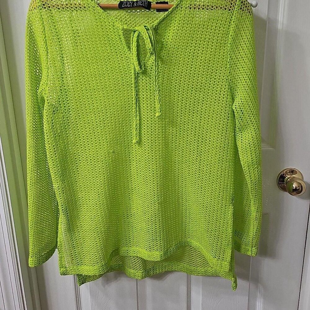 Zoey & Beth Neon Lime Green Mesh Tie-Neck Long Sleeve Top Size M #y2k #festival